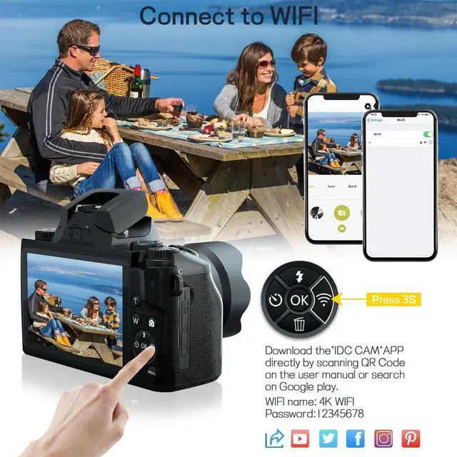 Alt view image 3 of 6 - Digital Camera for Photography 4k 64MP WiFi 4.0'' Touch Screen Dual Lens Vologging Cameras for YouTube with 32GB SD Card 3000mAH Battery Black