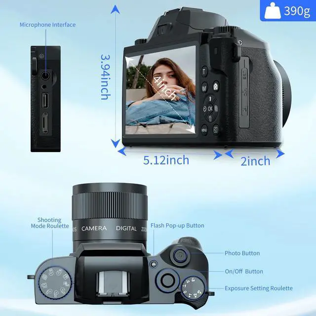 Alt view image 4 of 6 - Digital Camera for Photography 4k 64MP WiFi 4.0'' Touch Screen Dual Lens Vologging Cameras for YouTube with 32GB SD Card 3000mAH Battery Black