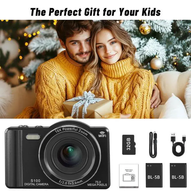 Alt view image 3 of 7 - Digital Camera 5K 75MP Dual Camera for Youtube 2.8'' Vlogging Cameras 16X Digital Zoom 32GB Card Mini Cameras for Teens Black