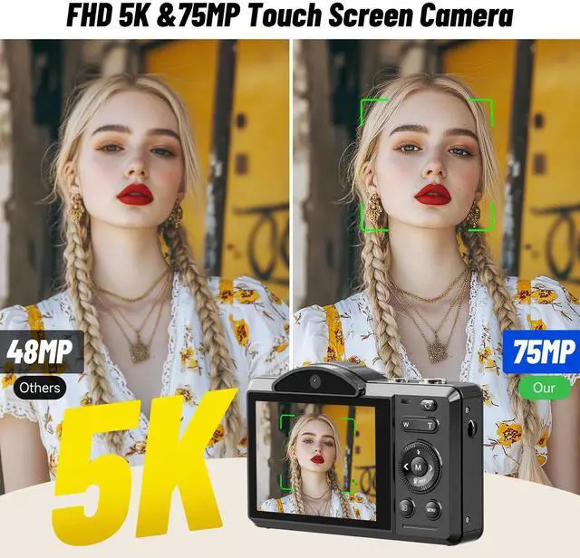 Alt view image 7 of 7 - Digital Camera 5K 75MP Dual Camera for Youtube 2.8'' Vlogging Cameras 16X Digital Zoom 32GB Card Mini Cameras for Teens Black