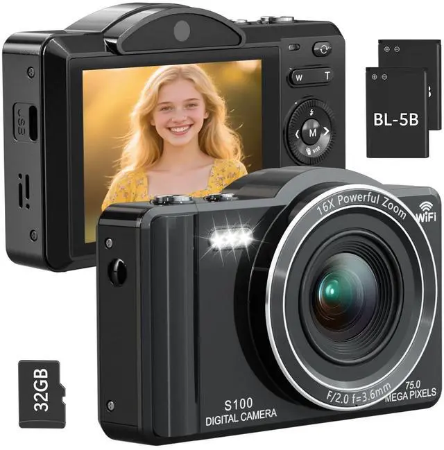 Main image of Digital Camera 5K 75MP Dual Camera for Youtube 2.8'' Vlogging Cameras 16X Digital Zoom 32GB Card Mini Cameras for Teens Black