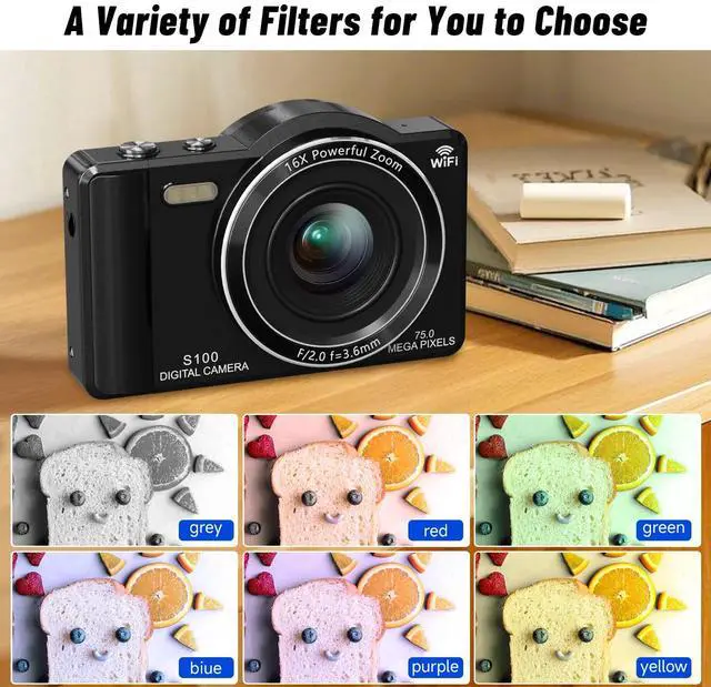 Alt view image 2 of 7 - Digital Camera 5K 75MP Dual Camera for Youtube 2.8'' Vlogging Cameras 16X Digital Zoom 32GB Card Mini Cameras for Teens Black