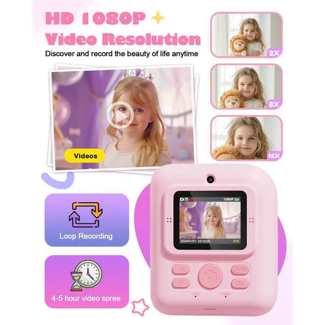 Alt view image 2 of 6 - Seckton Dual-Lens Instant Print Camera for Kids, 1080P Digital Camera with 1300mAh Battery, Creative Birthday Gifts for Girls Age 3-12 Pink