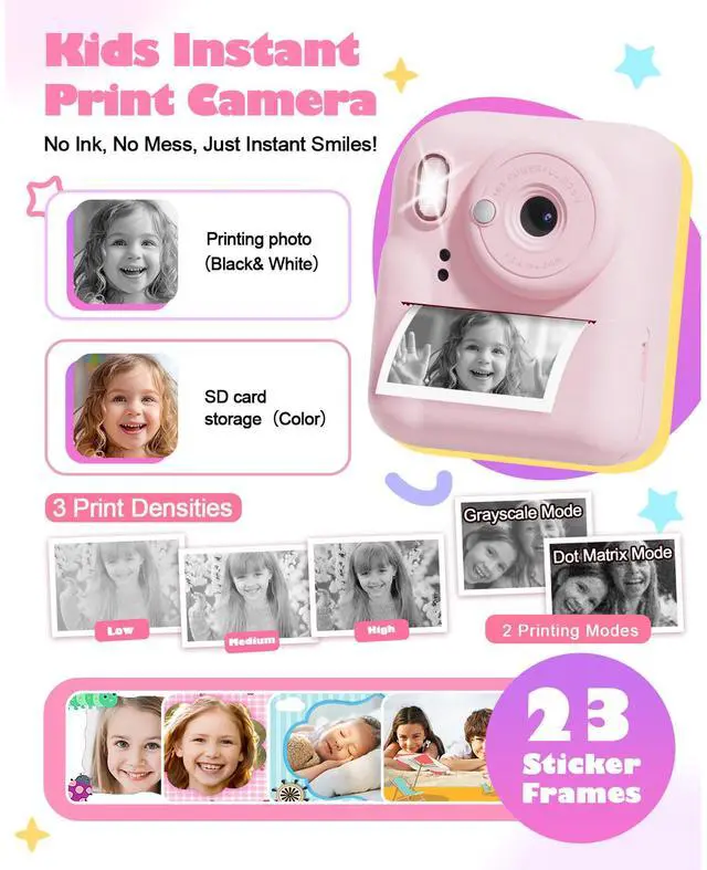 Alt view image 3 of 6 - Seckton Dual-Lens Instant Print Camera for Kids, 1080P Digital Camera with 1300mAh Battery, Creative Birthday Gifts for Girls Age 3-12 Pink
