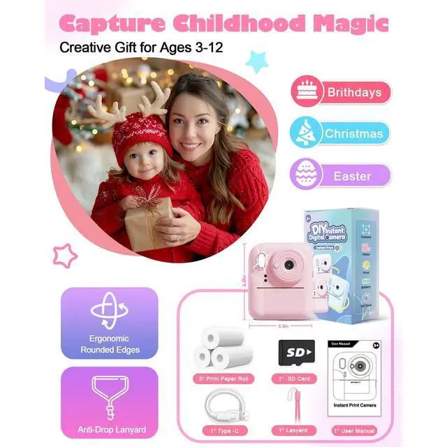 Alt view image 6 of 6 - Seckton Dual-Lens Instant Print Camera for Kids, 1080P Digital Camera with 1300mAh Battery, Creative Birthday Gifts for Girls Age 3-12 Pink