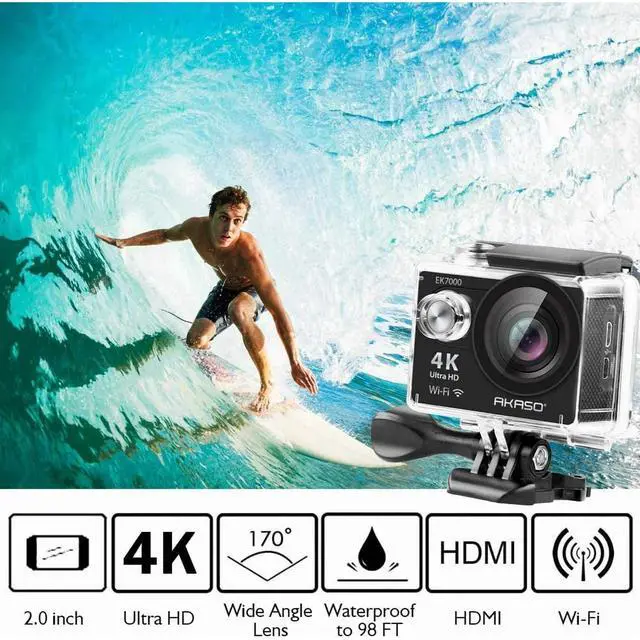 Alt view image 3 of 7 - AKASO EK7000 4K Ultra HD Action Camera, 30fps, 170° Wide Angle, Waterproof up to 98ft, Wifi, Remote Control