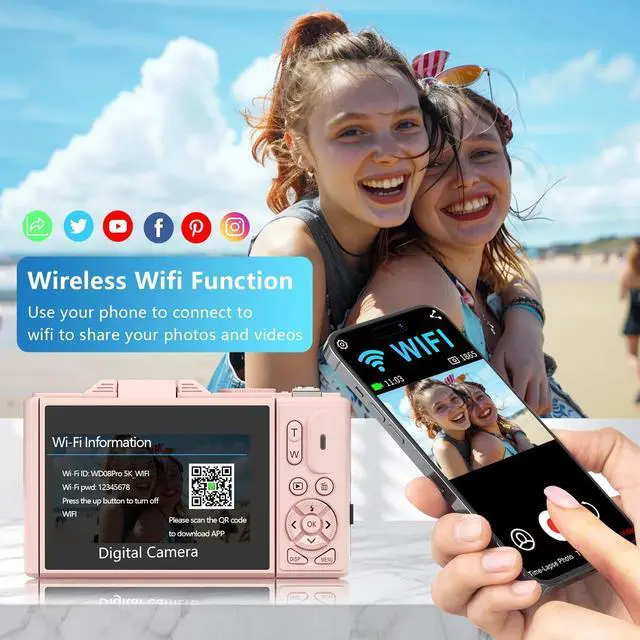 Alt view image 6 of 7 - Digital Camera 5K 75MP WiFi Vlogging Cameras for You Tube 3''180° Flip Screen 18X Zoom with 32GB Card for Beginners Pink
