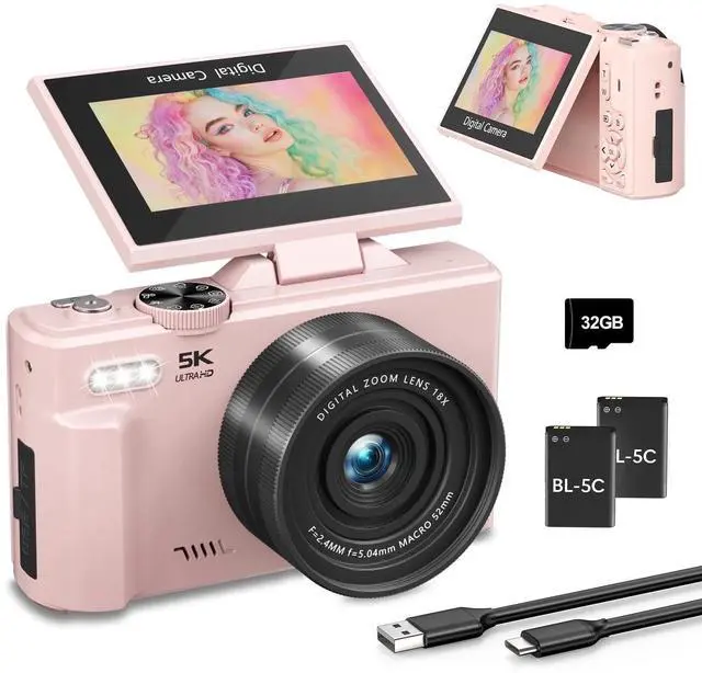 Main image of Digital Camera 5K 75MP WiFi Vlogging Cameras for You Tube 3''180° Flip Screen 18X Zoom with 32GB Card for Beginners Pink