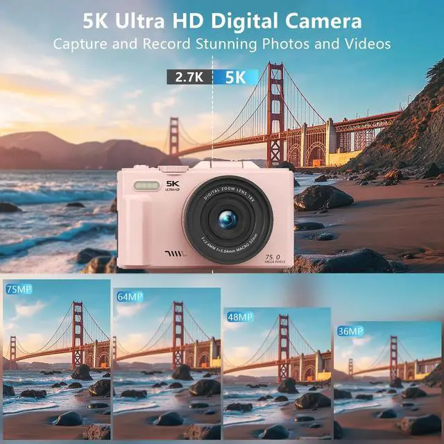 Alt view image 3 of 7 - Digital Camera 5K 75MP WiFi Vlogging Cameras for You Tube 3''180° Flip Screen 18X Zoom with 32GB Card for Beginners Pink