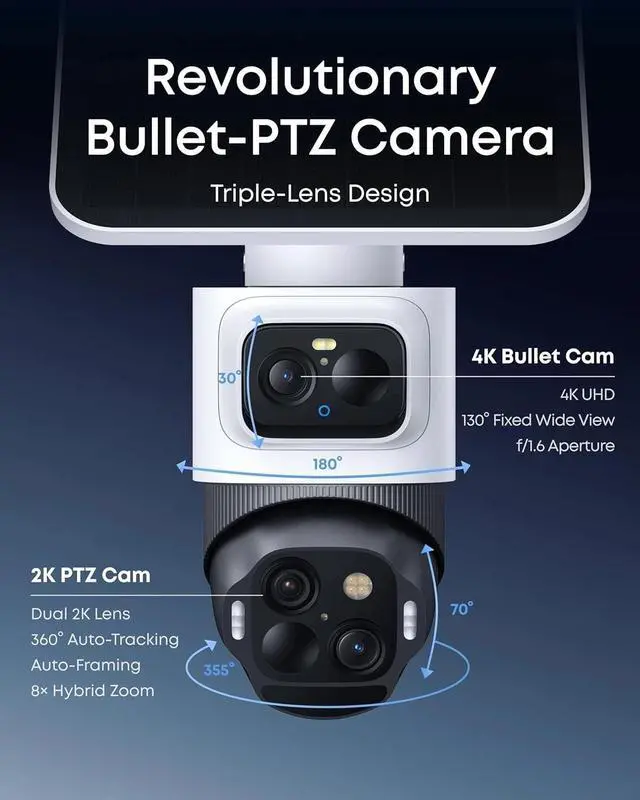 Alt view image 2 of 7 - eufy eufyCam S4 Solar Camera Wireless Outdoor Triple Lens Bullet-PTZ Cam 4-Cam K