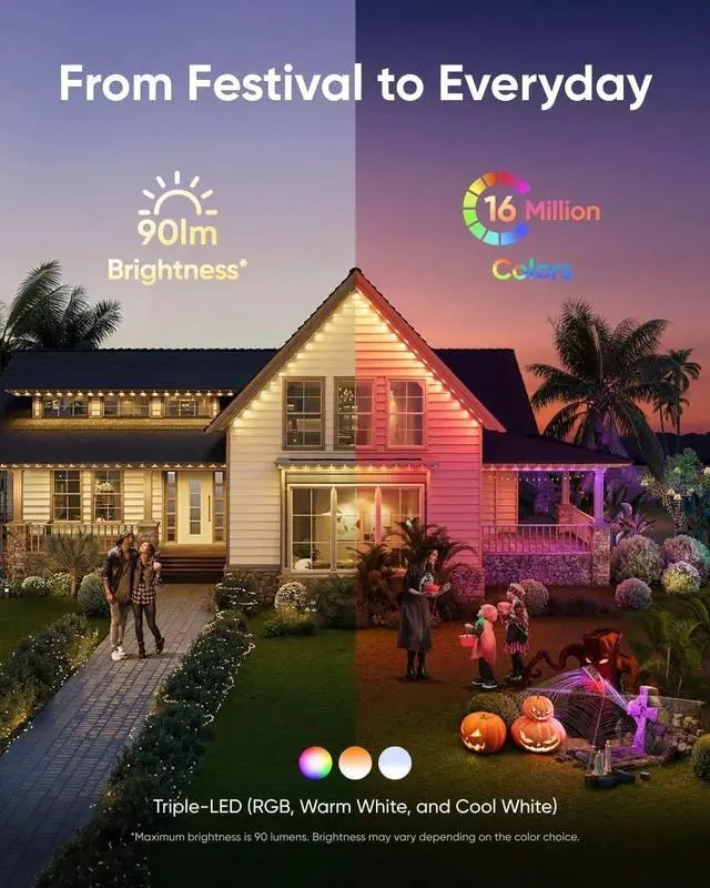 Alt view image 5 of 7 - eufy Permanent Outdoor Lights E22 100ft 60 Triple-LED Lights IP67 Waterproof