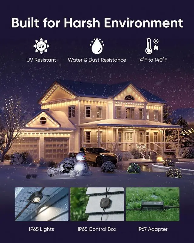 Alt view image 7 of 7 - eufy Permanent Outdoor Lights E22 100ft 60 Triple-LED Lights IP67 Waterproof