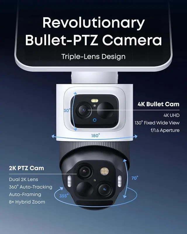 Alt view image 3 of 7 - eufy eufyCam S4 Solar Camera Wireless Outdoor Triple Lens Bullet-PTZ Cam 4-Cam K