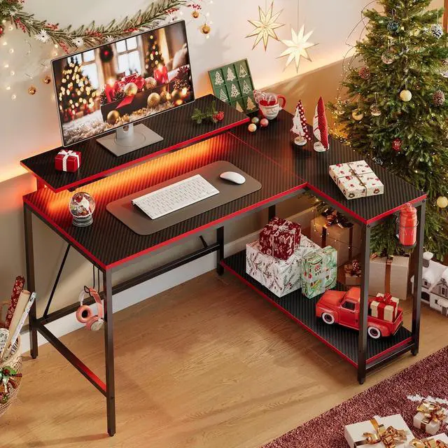 Alt view image 4 of 6 - 42" Reversible L-Shaped Gaming Desk with Monitor Stand, LED Lights& Headset Hooks, Home Office, Carbon Fiber White Carbon Fiber Black