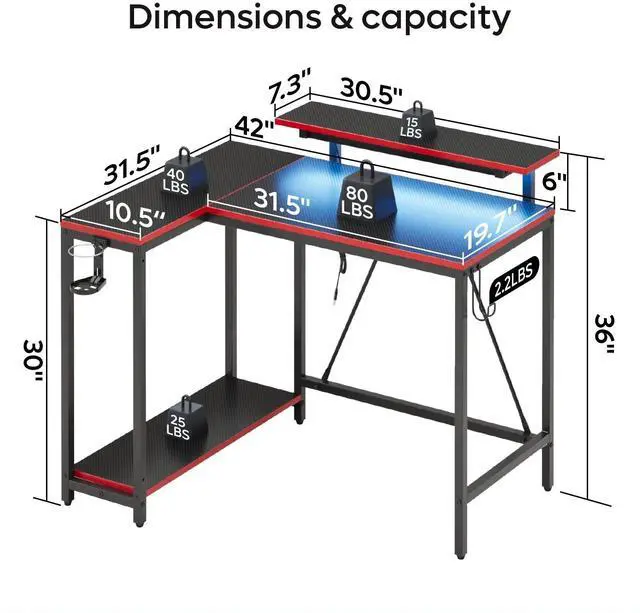 Main image of 42" Reversible L-Shaped Gaming Desk with Monitor Stand, LED Lights& Headset Hooks, Home Office, Carbon Fiber White Carbon Fiber Black