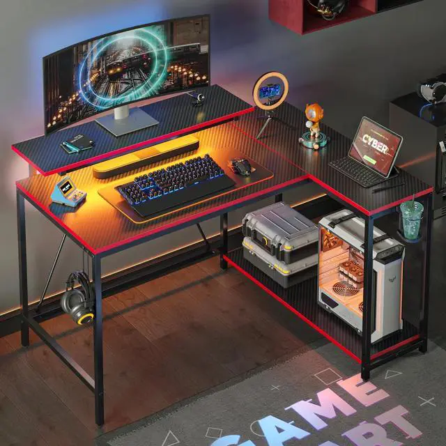 Alt view image 5 of 6 - 42" Reversible L-Shaped Gaming Desk with Monitor Stand, LED Lights& Headset Hooks, Home Office, Carbon Fiber White Carbon Fiber Black