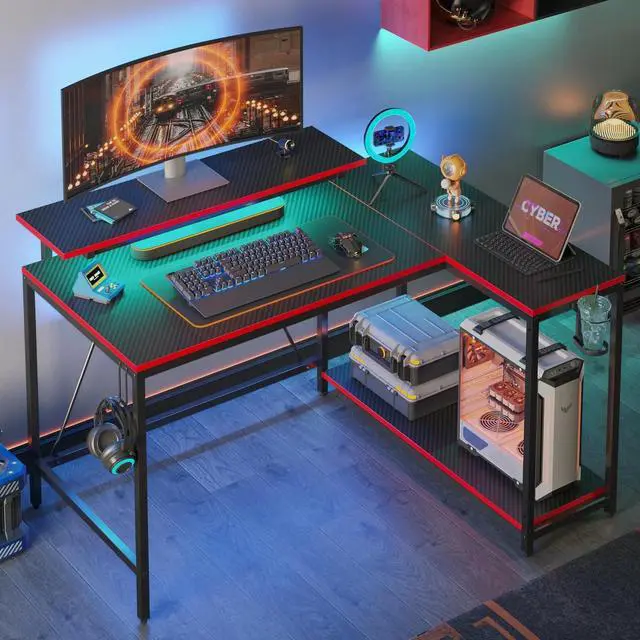 Alt view image 6 of 6 - 42" Reversible L-Shaped Gaming Desk with Monitor Stand, LED Lights& Headset Hooks, Home Office, Carbon Fiber White Carbon Fiber Black