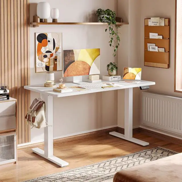 Alt view image 3 of 7 - TIQLAB Electric Standing Desk, Adjustable Height Stand up Desk, 55 * 28 Inches Sit Stand Home Office Table with Splice Board, White