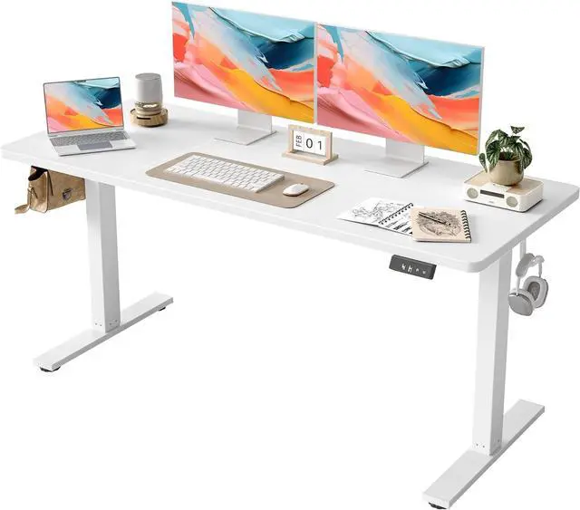Main image of TIQLAB Electric Standing Desk, Adjustable Height Stand up Desk, 55 * 28 Inches Sit Stand Home Office Table with Splice Board, White