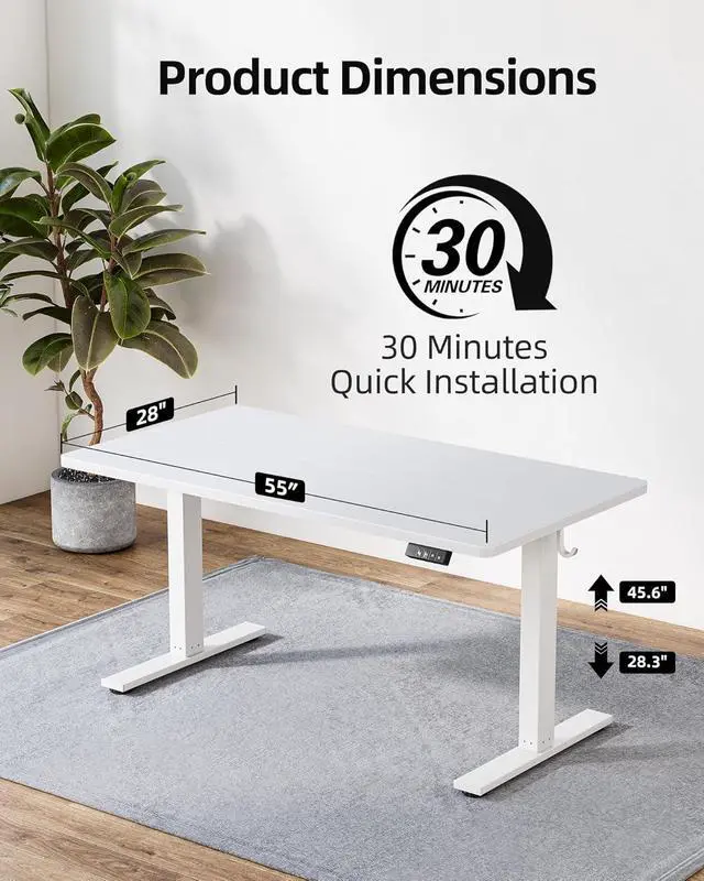 Alt view image 4 of 7 - TIQLAB Electric Standing Desk, Adjustable Height Stand up Desk, 55 * 28 Inches Sit Stand Home Office Table with Splice Board, White