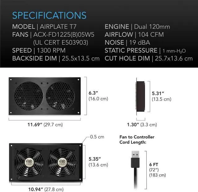 Alt view image 5 of 7 - AC Infinity AIRPLATE T7, Quiet Cooling Fan System 12" with Thermostat Control, for Home Theater AV Cabinets