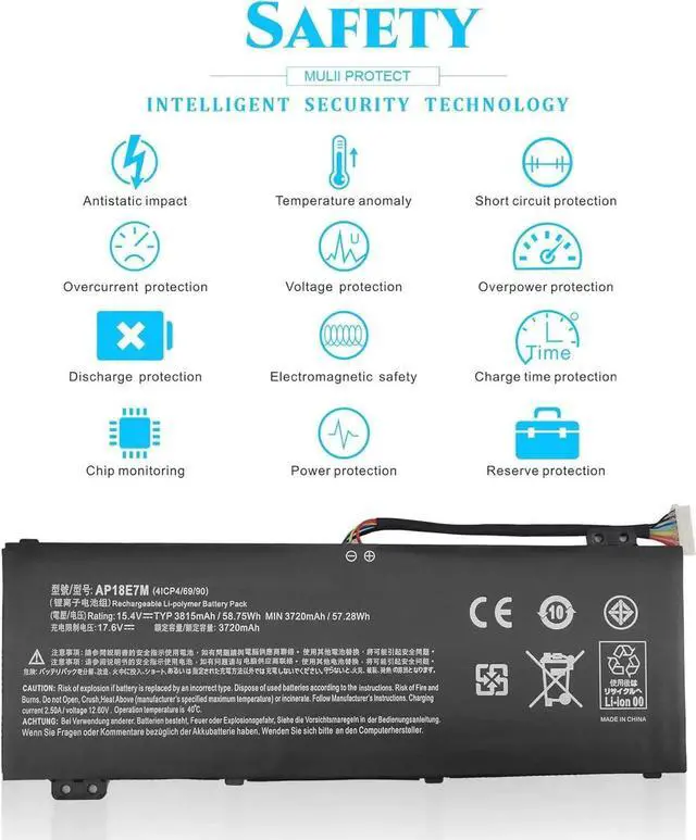 Alt view image 5 of 7 - AP18E7M AP18E8M Laptop Battery for Nitro 5 AN515-54 AN517-51 AN515-55 AN515-44 AN515-43 Nitro 7 AN715-51 Predator Helios 300 PH315-52 PH317-52 PH317-53 Aspire 7 A715-74G Triton 300 PC Notebook.