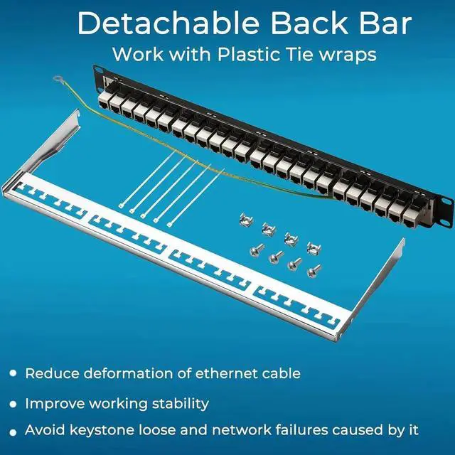 Alt view image 2 of 6 - Patch Panel 24 Port Cat6A with Inline Keystone 10G Support, Coupler Patch Panel STP Shielded 19-Inch with Removable Back Bar, 1U Network Patch Panel for Cat7, Cat6, Cat6A, Cat5e