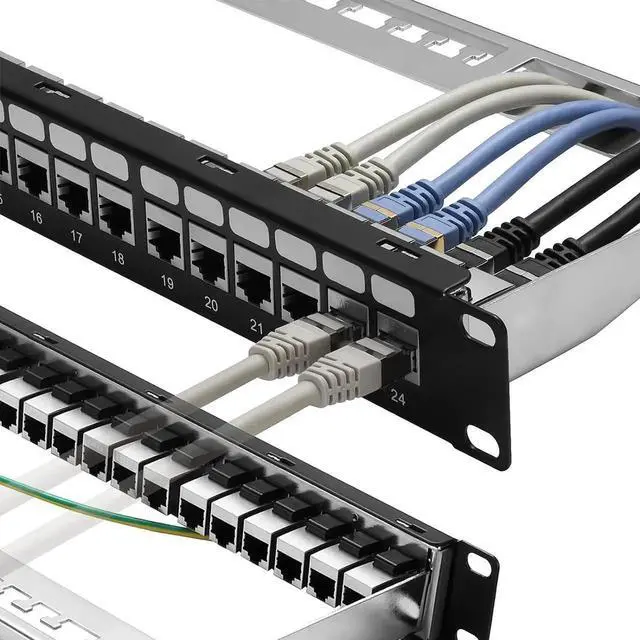 Main image of Patch Panel 24 Port Cat6A with Inline Keystone 10G Support, Coupler Patch Panel STP Shielded 19-Inch with Removable Back Bar, 1U Network Patch Panel for Cat7, Cat6, Cat6A, Cat5e
