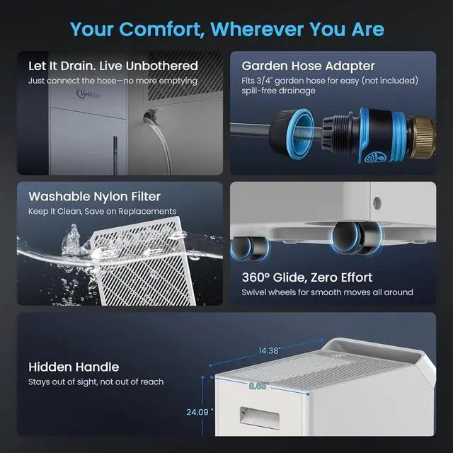 Alt view image 6 of 7 - Vellgoo 4,500 Sq.Ft Energy Star Dehumidifier with Drain Hose 52 Pint