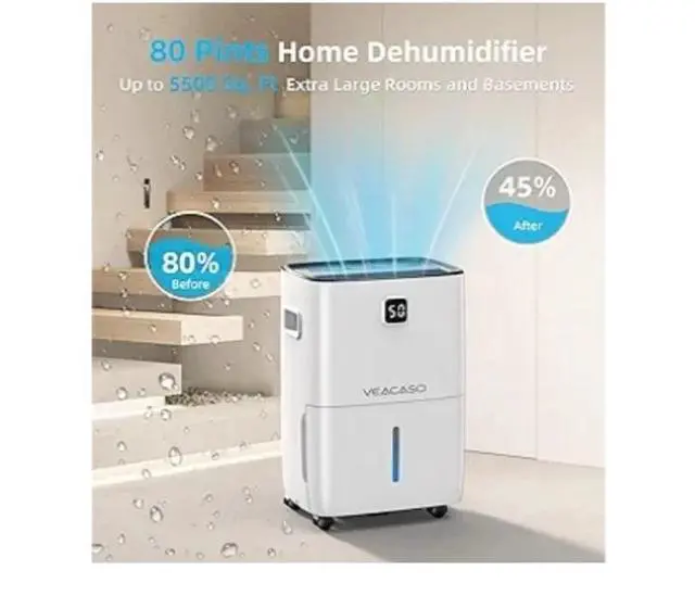 Alt view image 4 of 6 - 5500 Sq. Ft Dehumidifier for Basement with Drain Hose, VEAGASO 80 Pints...