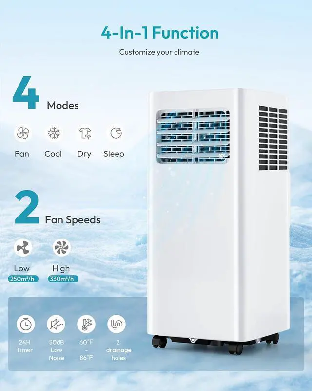 Alt view image 7 of 7 - EUHOMY 8,000 BTU Portable Air Conditioners, 4-in-1 Air Conditioner Portable Up to 350 Sq.Ft., Portable AC Unit with Cool, Fan, Dehumidifier, Sleep, 24H Timer, Remote & Installation Kit, for Bedroom