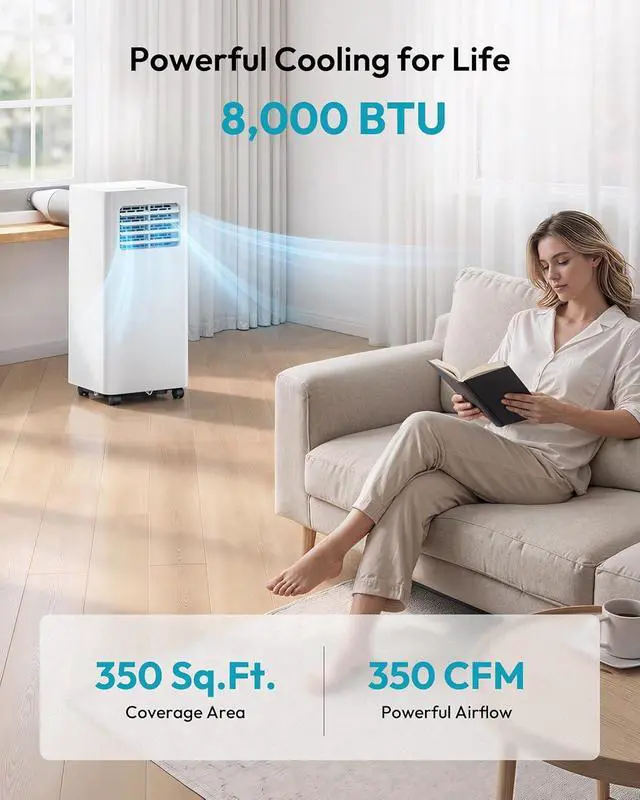 Alt view image 6 of 7 - EUHOMY 8,000 BTU Portable Air Conditioners, 4-in-1 Air Conditioner Portable Up to 350 Sq.Ft., Portable AC Unit with Cool, Fan, Dehumidifier, Sleep, 24H Timer, Remote & Installation Kit, for Bedroom