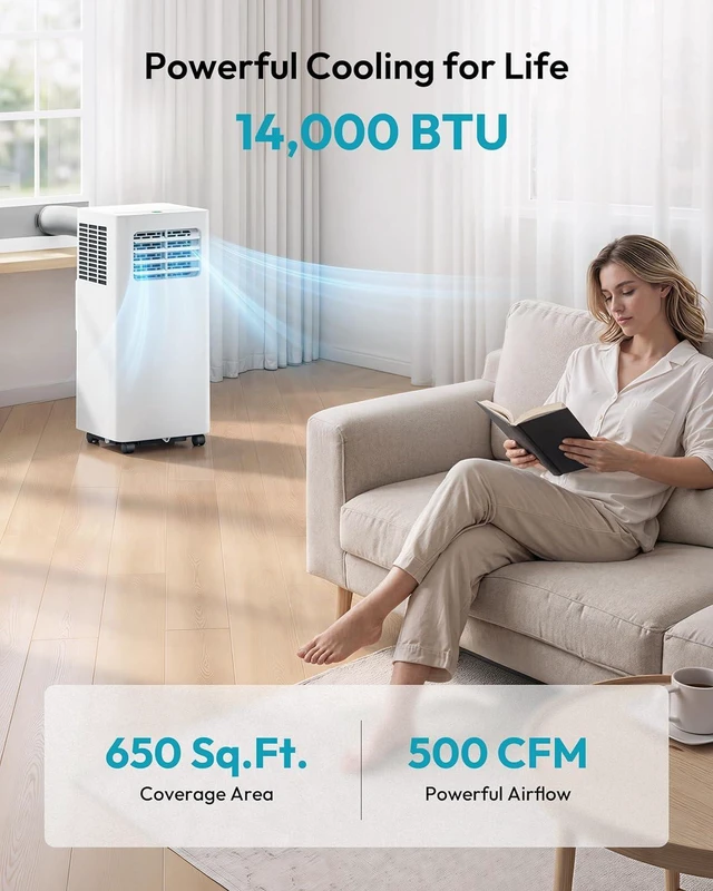 Alt view image 5 of 7 - EUHOMY Portable Air Conditioners 14,000 BTU, 5-in-1 Portable AC Unit Up to 650 Sq.Ft. for Bedroom with Cool, Heat, Fan, Dehumidifier, Sleep, AC Units with LED Remote & 24H Timer, Installation Kits