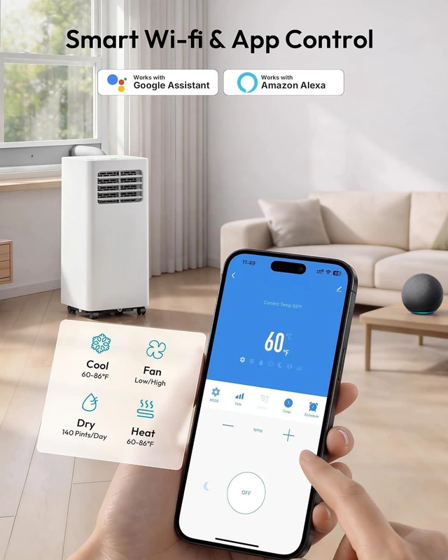 Alt view image 6 of 7 - EUHOMY Portable Air Conditioners 14,000 BTU, 5-in-1 Portable AC Unit Up to 650 Sq.Ft. for Bedroom with Cool, Heat, Fan, Dehumidifier, Sleep, AC Units with LED Remote & 24H Timer, Installation Kits