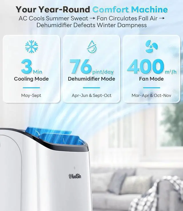 Alt view image 4 of 7 - 14,000 BTU Portable Air Conditioner with WiFi & Remote Control, Cools Up to 700 Sq.Ft, Auto-Evaporation Low Noise Portable AC Unit for Large Room, Office, Garage, White