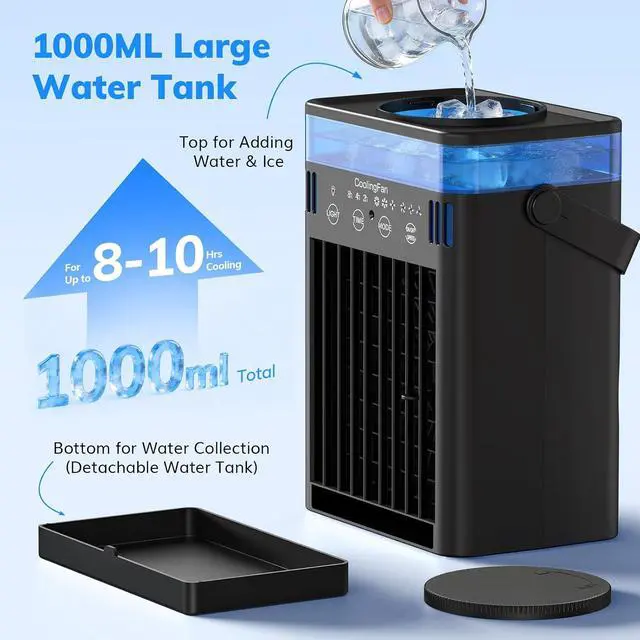 Alt view image 5 of 7 - Portable Air Conditioners, Mini Air Conditioner Portable AC Unit with Remote Control, 3 Wind Speed & 3 Mist Level & 2-8H Timer & 7 LED Light Evaporative Air Cooler for Home Office Room, Black
