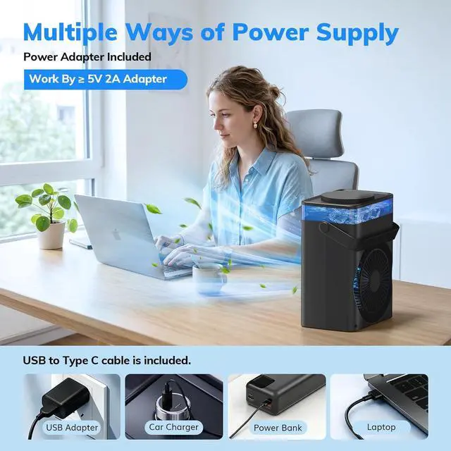 Alt view image 7 of 7 - Portable Air Conditioners, Mini Air Conditioner Portable AC Unit with Remote Control, 3 Wind Speed & 3 Mist Level & 2-8H Timer & 7 LED Light Evaporative Air Cooler for Home Office Room, Black