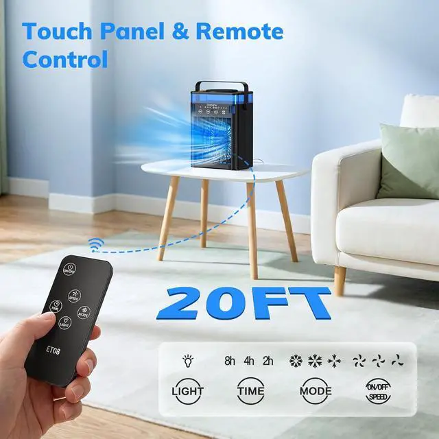 Alt view image 6 of 7 - Portable Air Conditioners, Mini Air Conditioner Portable AC Unit with Remote Control, 3 Wind Speed & 3 Mist Level & 2-8H Timer & 7 LED Light Evaporative Air Cooler for Home Office Room, Black