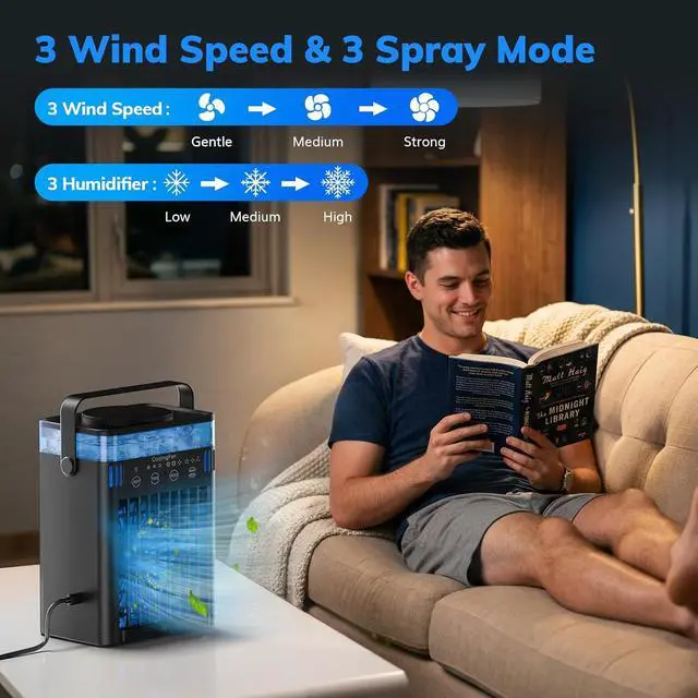 Alt view image 3 of 7 - Portable Air Conditioners, Mini Air Conditioner Portable AC Unit with Remote Control, 3 Wind Speed & 3 Mist Level & 2-8H Timer & 7 LED Light Evaporative Air Cooler for Home Office Room, Black