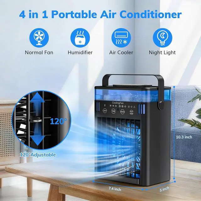 Alt view image 4 of 7 - Portable Air Conditioners, Mini Air Conditioner Portable AC Unit with Remote Control, 3 Wind Speed & 3 Mist Level & 2-8H Timer & 7 LED Light Evaporative Air Cooler for Home Office Room, Black
