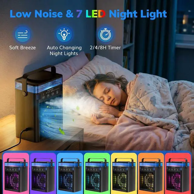 Alt view image 2 of 7 - Portable Air Conditioners, Mini Air Conditioner Portable AC Unit with Remote Control, 3 Wind Speed & 3 Mist Level & 2-8H Timer & 7 LED Light Evaporative Air Cooler for Home Office Room, Black