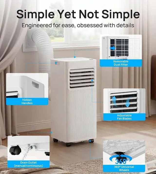Alt view image 5 of 7 - 8000 BTU Portable Air Conditioners,Portable AC with Cool, Fan,Dehumidifier,Sleep,24H Timer,Quiet Cooling,Up to 350 Sq.Ft,Air Conditioner for Bedroom,Home,Office,Remote&Window Kit