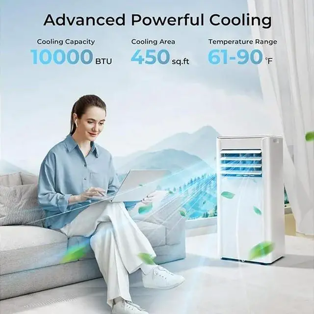 Alt view image 3 of 7 - 10000 BTU Portable Air Conditioner, 4-in-1 Cools 450 Sq.Ft, Quiet AC with Fan & Dehumidifier, LED Display, Remote, 24H Timer, Portable AC Units with Window Kit, for Bedroom/Office/Dorms