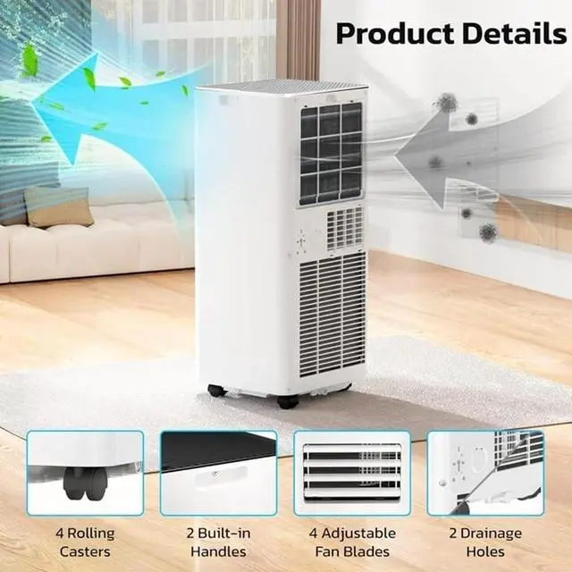 Alt view image 2 of 7 - 10000 BTU Portable Air Conditioner, 4-in-1 Cools 450 Sq.Ft, Quiet AC with Fan & Dehumidifier, LED Display, Remote, 24H Timer, Portable AC Units with Window Kit, for Bedroom/Office/Dorms