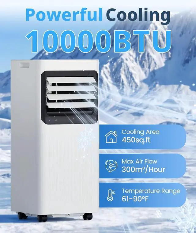 Alt view image 4 of 7 - 10,000 BTU Portable Air Conditioner, Cools Up to 450 Sq. Ft., 4-in-1 Quiet AC Units with Cool, Dehumidify, Fan, Sleep Mode Remote Control, 24H Timer, Portable AC for Bedroom, Office, Apartment