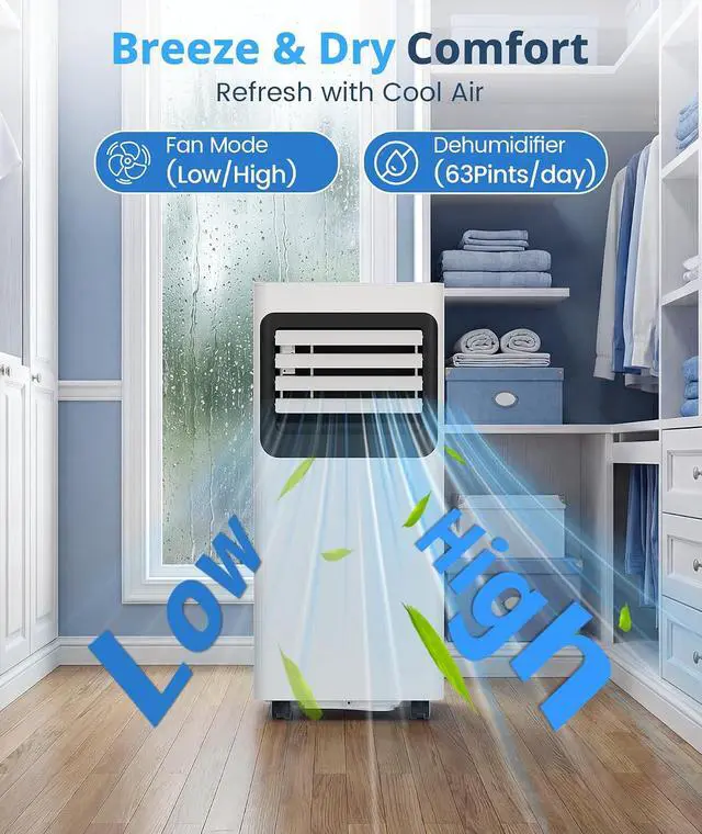 Alt view image 5 of 7 - 10,000 BTU Portable Air Conditioner, Cools Up to 450 Sq. Ft., 4-in-1 Quiet AC Units with Cool, Dehumidify, Fan, Sleep Mode Remote Control, 24H Timer, Portable AC for Bedroom, Office, Apartment