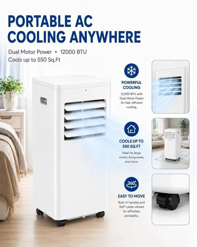Alt view image 2 of 6 - Coolblus 12000 BTU Portable Air Conditioners, 3-in-1 AC Unit Cools Up to 550 Sq.Ft. with Remote Control/Smart Sleep Mode/24Hrs Timer/Window Installation Kait & Filter Cleaning Brush, White-12000BTU