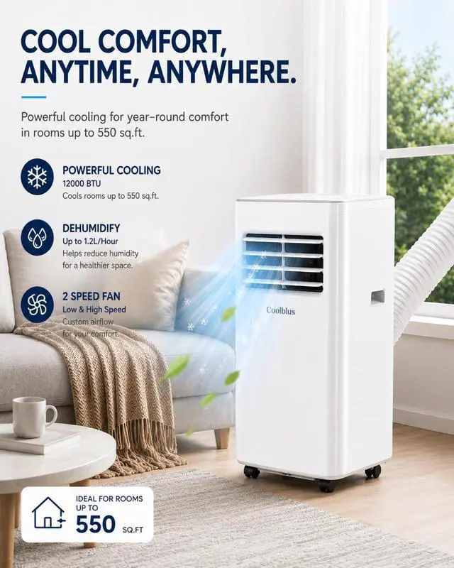 Alt view image 6 of 6 - Coolblus 12000 BTU Portable Air Conditioners, 3-in-1 AC Unit Cools Up to 550 Sq.Ft. with Remote Control/Smart Sleep Mode/24Hrs Timer/Window Installation Kait & Filter Cleaning Brush, White-12000BTU