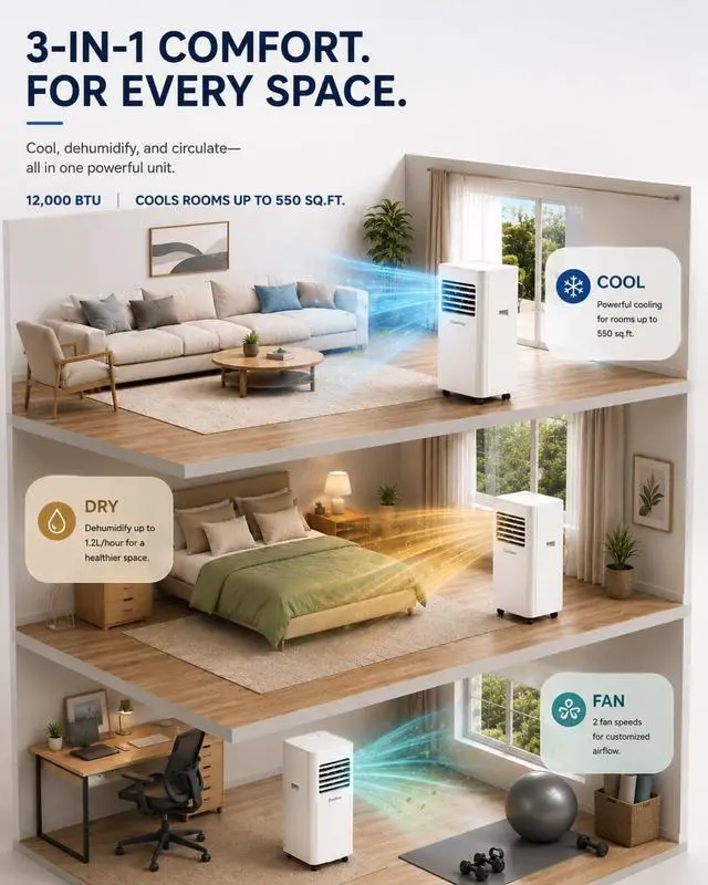 Alt view image 4 of 6 - Coolblus 12000 BTU Portable Air Conditioners, 3-in-1 AC Unit Cools Up to 550 Sq.Ft. with Remote Control/Smart Sleep Mode/24Hrs Timer/Window Installation Kait & Filter Cleaning Brush, White-12000BTU