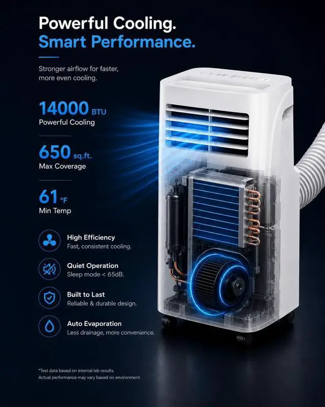 Alt view image 5 of 7 - Coolblus Portable Air Conditioners 14000 BTU, 4 in 1 Portable AC Unit with Cool/Dehumidify/Fan,Wi-Fi Smart Quiet AC Cool Up to 650 Sq.Ft, Remote Control, Auto Swing, White-14000BTU-WIFI